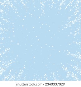 Snowy christmas background. Subtle flying snow flakes and stars on light blue winter backdrop. Delicate sweet snowy christmas. Square vector illustration.