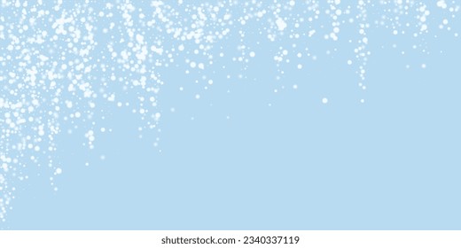 Snowy christmas background. Subtle flying snow flakes and stars on light blue winter backdrop. Delicate sweet snowy christmas. Wide vector illustration.