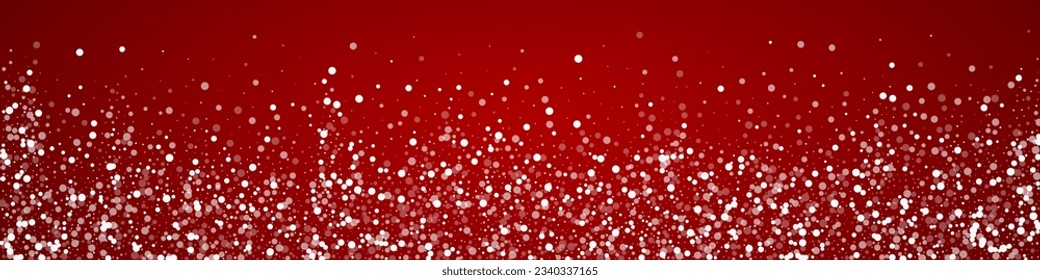 Snowy christmas background. Subtle flying snow flakes and stars on christmas red background. Delicate sweet snowy christmas. Panoramic vector illustration.