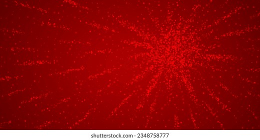 Fondo de navidad nevada. Sutiles copos de nieve volando y estrellas de fondo rojo navideño. Delicadas navidades nevadas dulces. Ilustración vectorial amplia.