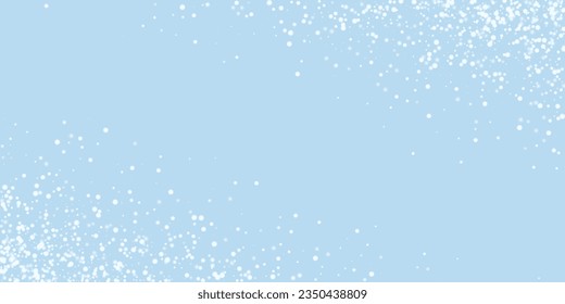 Snowy christmas background. Subtle flying snow flakes and stars on light blue winter backdrop. Delicate sweet snowy christmas. Wide vector illustration.