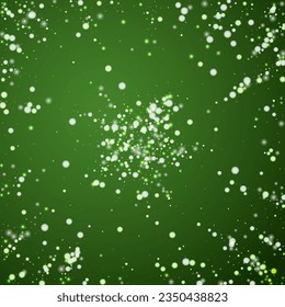 Snowy christmas background. Subtle flying snow flakes and stars on christmas green background. Delicate sweet snowy christmas. Square vector illustration.