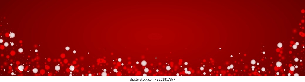 Snowy christmas background. Subtle flying snow flakes and stars on christmas red background. Delicate sweet snowy christmas. Panoramic vector illustration.