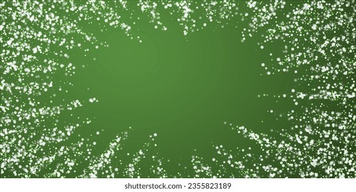 Snowy christmas background. Subtle flying snow flakes and stars on christmas green background. Delicate sweet snowy christmas. Wide vector illustration.