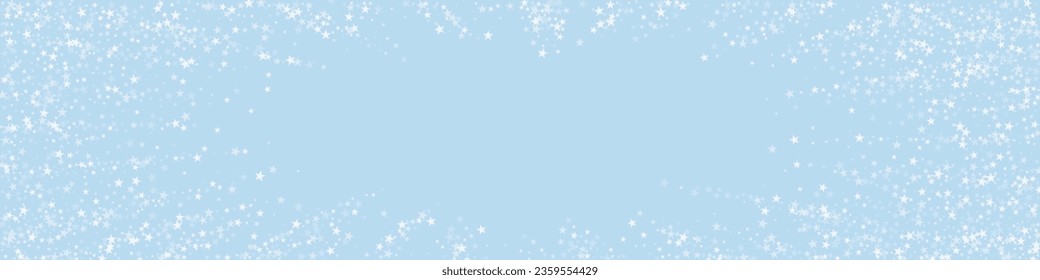 Snowy christmas background. Subtle flying snow flakes and stars on light blue winter backdrop. Delicate sweet snowy christmas. Panoramic vector illustration.