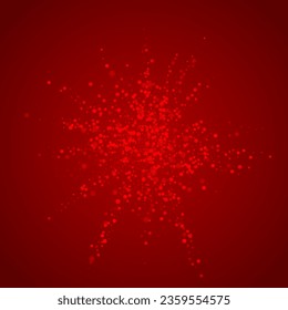 Snowy christmas background. Subtle flying snow flakes and stars on christmas red background. Delicate sweet snowy christmas. Square vector illustration.