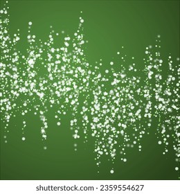 Snowy christmas background. Subtle flying snow flakes and stars on christmas green background. Delicate sweet snowy christmas. Square vector illustration.