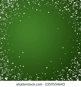 Snowy christmas background. Subtle flying snow flakes and stars on christmas green background. Delicate sweet snowy christmas. Square vector illustration.