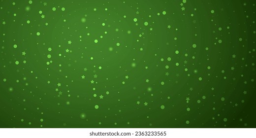Snowy christmas background. Subtle flying snow flakes and stars on christmas green background. Delicate sweet snowy christmas. Wide vector illustration.