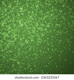 Snowy christmas background. Subtle flying snow flakes and stars on christmas green background. Delicate sweet snowy christmas. Square vector illustration.