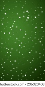 Snowy christmas background. Subtle flying snow flakes and stars on christmas green background. Delicate sweet snowy christmas. Vertical vector illustration.