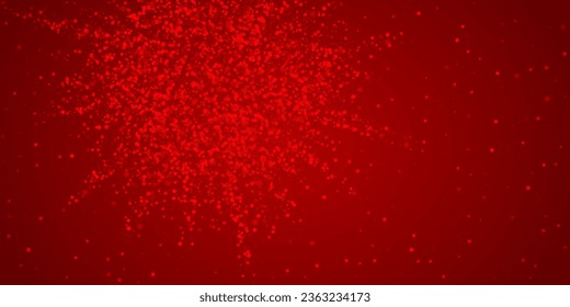 Snowy christmas background. Subtle flying snow flakes and stars on christmas red background. Delicate sweet snowy christmas. Wide vector illustration.