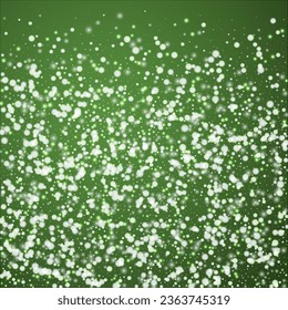 Snowy christmas background. Subtle flying snow flakes and stars on christmas green background. Delicate sweet snowy christmas. Square vector illustration.