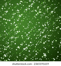 Snowy christmas background. Subtle flying snow flakes and stars on christmas green background. Delicate sweet snowy christmas. Square vector illustration.