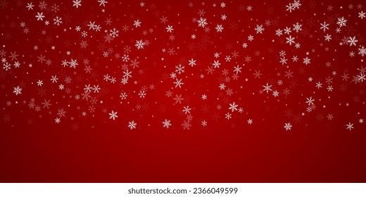Fondo de navidad nevada. Sutiles copos de nieve volando y estrellas de fondo rojo navideño. Delicadas navidades nevadas dulces. Ilustración vectorial amplia.