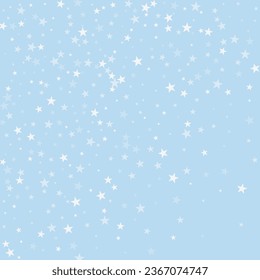 Snowy christmas background. Subtle flying snow flakes and stars on light blue winter backdrop. Delicate sweet snowy christmas. Square vector illustration.
