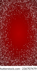Snowy christmas background. Subtle flying snow flakes and stars on christmas red background. Delicate sweet snowy christmas. Vertical vector illustration.