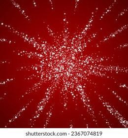 Fondo de navidad nevada. Sutiles copos de nieve volando y estrellas de fondo rojo navideño. Delicadas navidades nevadas dulces. Ilustración vectorial cuadrada.