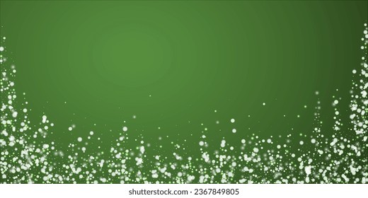 Snowy christmas background. Subtle flying snow flakes and stars on christmas green background. Delicate sweet snowy christmas. Wide vector illustration.