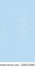 Snowy christmas background. Subtle flying snow flakes and stars on light blue winter backdrop. Delicate sweet snowy christmas. Vertical vector illustration.