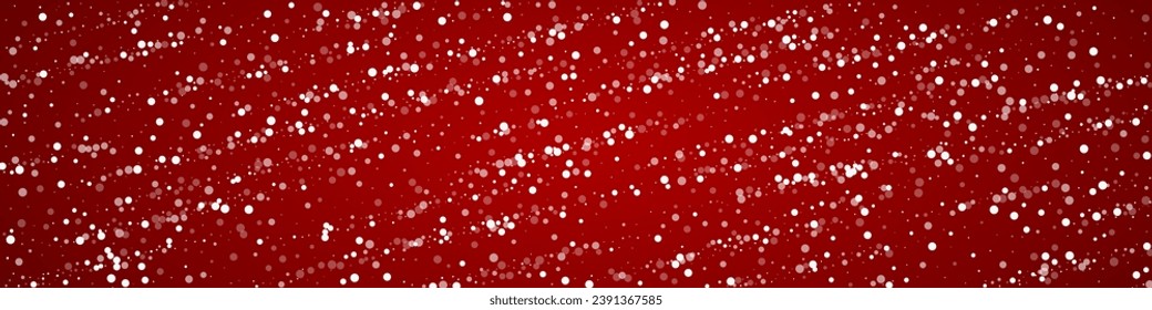 Snowy christmas background. Subtle flying snow flakes and stars on christmas red background. Delicate sweet snowy christmas. Panoramic vector illustration.