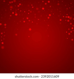 Snowy christmas background. Subtle flying snow flakes and stars on christmas red background. Delicate sweet snowy christmas. Square vector illustration.