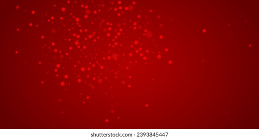 Snowy christmas background. Subtle flying snow flakes and stars on christmas red background. Delicate sweet snowy christmas. Wide vector illustration.