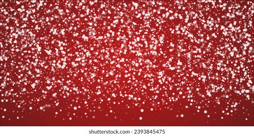 Snowy christmas background. Subtle flying snow flakes and stars on christmas red background. Delicate sweet snowy christmas. Wide vector illustration.