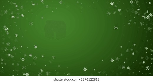 Snowy christmas background. Subtle flying snow flakes and stars on christmas green background. Delicate sweet snowy christmas. Wide vector illustration.
