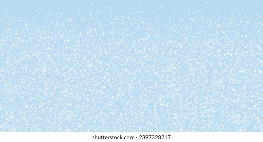 Snowy christmas background. Subtle flying snow flakes and stars on light blue winter backdrop. Delicate sweet snowy christmas. Wide vector illustration.