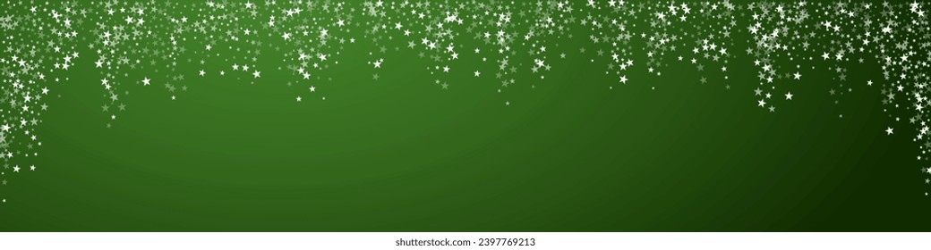 Snowy christmas background. Subtle flying snow flakes and stars on christmas green background. Delicate sweet snowy christmas. Panoramic vector illustration.