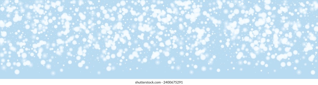 Snowy christmas background. Subtle flying snow flakes and stars on light blue winter backdrop. Delicate sweet snowy christmas. Panoramic vector illustration.