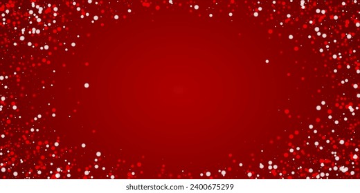 Snowy christmas background. Subtle flying snow flakes and stars on christmas red background. Delicate sweet snowy christmas. Wide vector illustration.