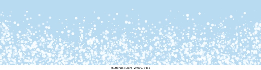 Snowy christmas background. Subtle flying snow flakes and stars on light blue winter backdrop. Delicate sweet snowy christmas. Panoramic vector illustration.