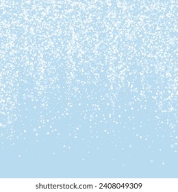 Snowy christmas background. Subtle flying snow flakes and stars on light blue winter backdrop. Delicate sweet snowy christmas. Square vector illustration.
