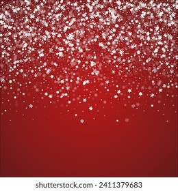 Snowy christmas background. Subtle flying snow flakes and stars on christmas red background. Delicate sweet snowy christmas. Square vector illustration.
