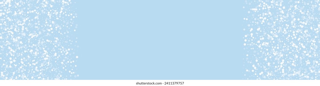 Snowy christmas background. Subtle flying snow flakes and stars on light blue winter backdrop. Delicate sweet snowy christmas. Panoramic vector illustration.