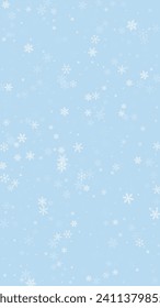 Snowy christmas background. Subtle flying snow flakes and stars on light blue winter backdrop. Delicate sweet snowy christmas. Vertical vector illustration.