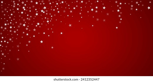 Snowy christmas background. Subtle flying snow flakes and stars on christmas red background. Delicate sweet snowy christmas. Wide vector illustration.