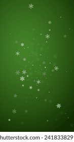 Snowy christmas background. Subtle flying snow flakes and stars on christmas green background. Delicate sweet snowy christmas. Vertical vector illustration.