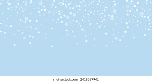 Snowy christmas background. Subtle flying snow flakes and stars on light blue winter backdrop. Delicate sweet snowy christmas. Wide vector illustration.