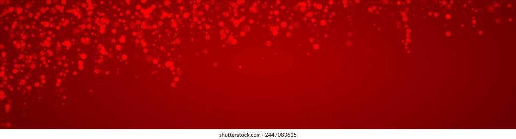 Snowy christmas background. Subtle flying snow flakes and stars on christmas red background. Delicate sweet snowy christmas. Panoramic vector illustration.