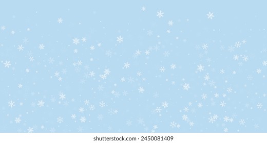 Snowy christmas background. Subtle flying snow flakes and stars on light blue winter backdrop. Delicate sweet snowy christmas. Wide vector illustration.