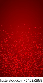 Fondo de Navidad nevado. Sutiles copos de nieve voladores y estrellas en el fondo rojo de Navidad. Delicada dulce y nevada navidad. Vertical Ilustración vectorial.