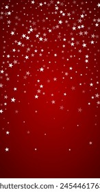 Snowy christmas background. Subtle flying snow flakes and stars on christmas red background. Delicate sweet snowy christmas. Vertical vector illustration.