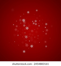 Fondo de Navidad nevado. Sutiles copos de nieve voladores y estrellas en el fondo rojo de Navidad. Delicada dulce y nevada navidad. Ilustración vectorial cuadrada.