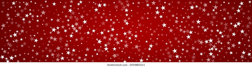 Fondo de Navidad nevado. Sutiles copos de nieve voladores y estrellas en el fondo rojo de Navidad. Delicada dulce y nevada navidad. Ilustración vectorial panorámica.