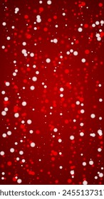 Snowy christmas background. Subtle flying snow flakes and stars on christmas red background. Delicate sweet snowy christmas. Vertical vector illustration.