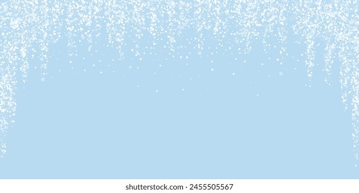 Snowy christmas background. Subtle flying snow flakes and stars on light blue winter backdrop. Delicate sweet snowy christmas. Wide vector illustration.