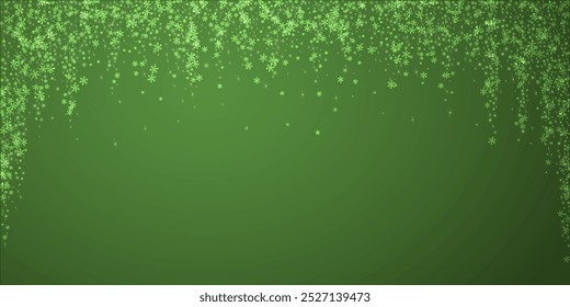 Snowy christmas background. Subtle flying snow flakes and stars on christmas green background. Delicate sweet snowy christmas. Wide vector illustration.